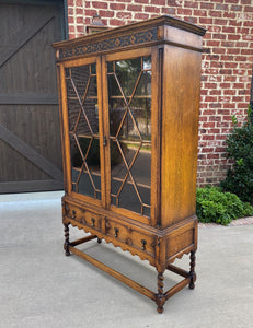 Antique English Bookcase Jacobean Display Cabinet Barley Twist Tiger Oak c.1930s