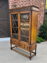 Load image into Gallery viewer, Antique English Bookcase Jacobean Display Cabinet Barley Twist Tiger Oak c.1930s