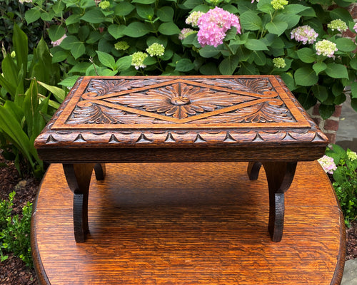 Antique English Foot Stool Kettle Stand Small Bench Carved Oak 1920s