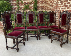 Antique French Chairs Barley Twist Hunt Set of 6 Red Upholstery Black Forest Oak
