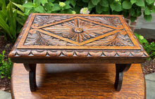 Load image into Gallery viewer, Antique English Foot Stool Kettle Stand Small Bench Carved Oak 1920s