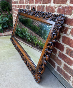 Antique English Mirror Beveled Rectangular LARGE Carved Oak Renaissance c.1900