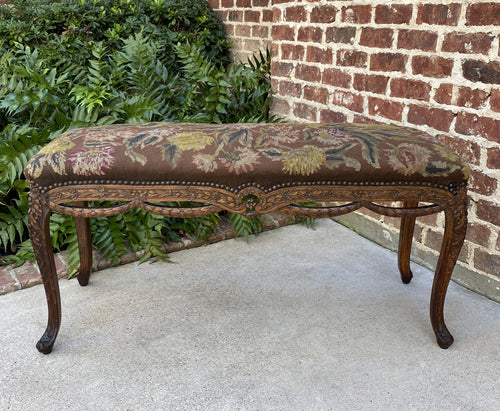 Antique French Country Bench Stool Needlepoint Floral Upholstered WIDE Oak