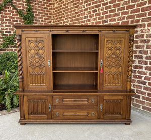 Antique French Bookcase Display Cabinet GOTHIC Oak Barley Twist c.1930s 67" W