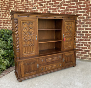 Antique French Bookcase Display Cabinet GOTHIC Oak Barley Twist c.1930s 67" W