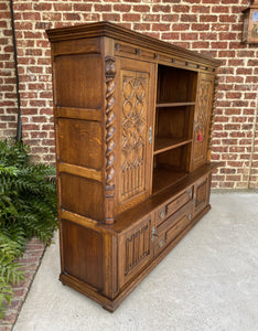 Antique French Bookcase Display Cabinet GOTHIC Oak Barley Twist c.1930s 67" W