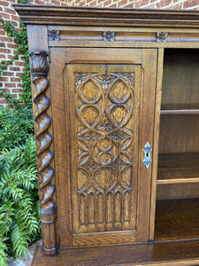 Antique French Bookcase Display Cabinet GOTHIC Oak Barley Twist c.1930s 67" W