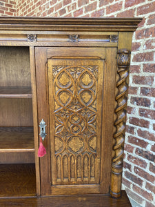 Antique French Bookcase Display Cabinet GOTHIC Oak Barley Twist c.1930s 67" W