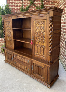 Antique French Bookcase Display Cabinet GOTHIC Oak Barley Twist c.1930s 67" W