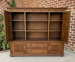 Antique French Bookcase Display Cabinet GOTHIC Oak Barley Twist c.1930s 67" W