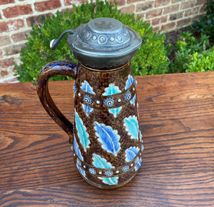 Antique French Majolica Stein Jug Pitcher Silver or Pewter Hinged Lid c. 1900