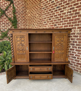 Antique French Bookcase Display Cabinet GOTHIC Oak Barley Twist c.1930s 67" W