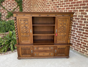 Antique French Bookcase Display Cabinet GOTHIC Oak Barley Twist c.1930s 67" W