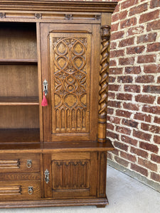 Antique French Bookcase Display Cabinet GOTHIC Oak Barley Twist c.1930s 67" W