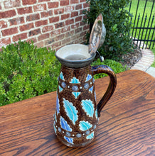 Load image into Gallery viewer, Antique French Majolica Stein Jug Pitcher Silver or Pewter Hinged Lid c. 1900
