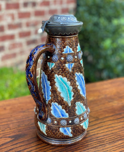 Antique French Majolica Stein Jug Pitcher Silver or Pewter Hinged Lid c. 1900