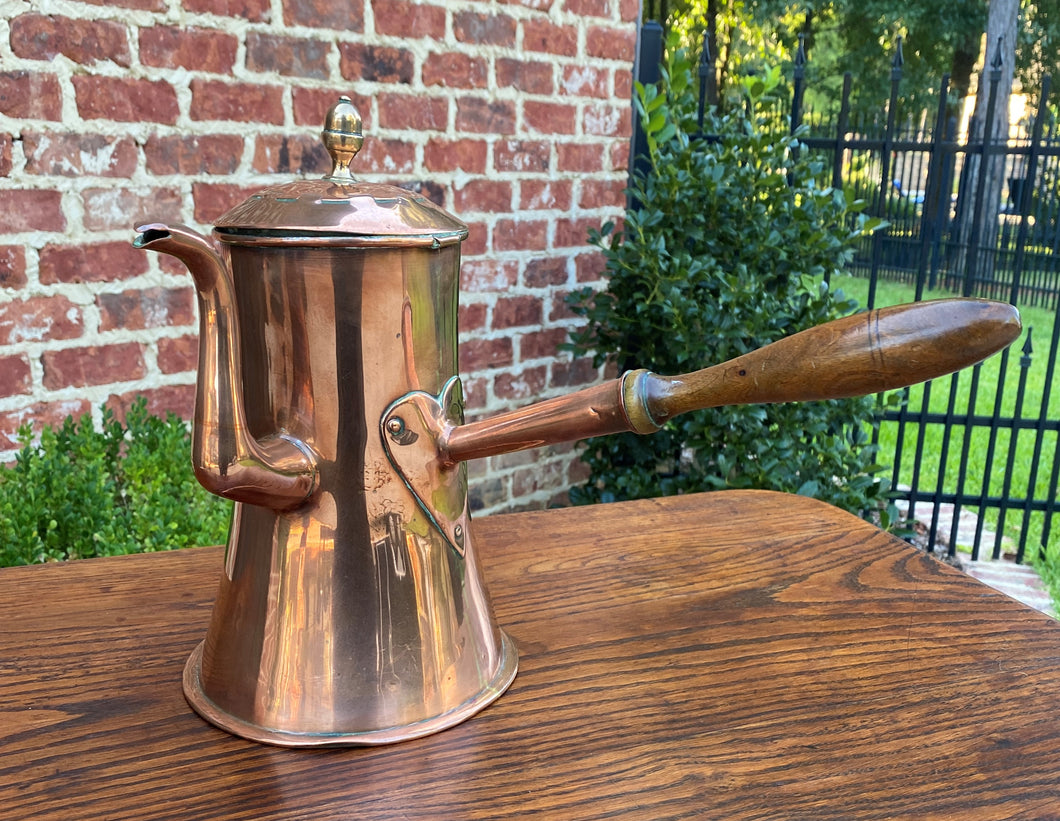 Antique English Copper Tea Kettle Pitcher Hand Seamed Wood Handle Pour Spout