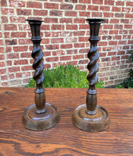 Load image into Gallery viewer, Antique English Candlesticks Candle Holders Tall BARLEY TWIST Oak PAIR