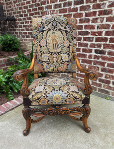 Antique French Chair Tapestry Needlepoint Floral Carved Walnut Fireside Throne