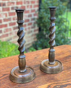 Antique English Candlesticks Candle Holders Tall BARLEY TWIST Oak PAIR