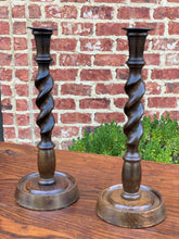 Load image into Gallery viewer, Antique English Candlesticks Candle Holders Tall BARLEY TWIST Oak PAIR