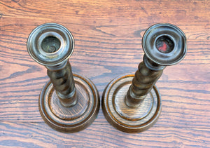 Antique English Candlesticks Candle Holders Tall BARLEY TWIST Oak PAIR
