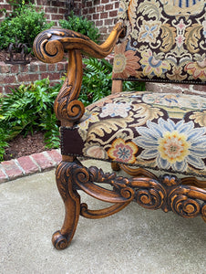Antique French Chair Tapestry Needlepoint Floral Carved Walnut Fireside Throne