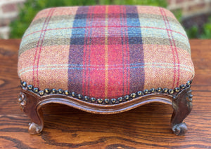 Antique English Stool Footstool Oak Plaid Wool Upholstered Green Gold Red Blue