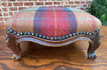 Load image into Gallery viewer, Antique English Stool Footstool Oak Plaid Wool Upholstered Green Gold Red Blue