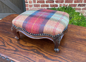 Antique English Stool Footstool Oak Plaid Wool Upholstered Green Gold Red Blue