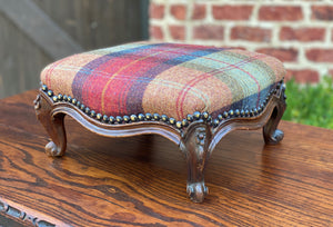 Antique English Stool Footstool Oak Plaid Wool Upholstered Green Gold Red Blue