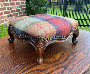 Antique English Stool Footstool Oak Plaid Wool Upholstered Green Gold Red Blue