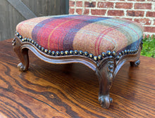 Load image into Gallery viewer, Antique English Stool Footstool Oak Plaid Wool Upholstered Green Gold Red Blue