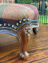 Load image into Gallery viewer, Antique English Stool Footstool Oak Plaid Wool Upholstered Green Gold Red Blue