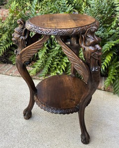 Antique French Table Winged Griffons ROUND End Table Oak Renaissance 2-Tier 19C