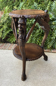 Antique French Table Winged Griffons ROUND End Table Oak Renaissance 2-Tier 19C