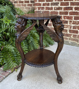 Antique French Table Winged Griffons ROUND End Table Oak Renaissance 2-Tier 19C