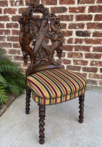 Antique French Chair Barley Twist Black Forest Carved Oak Upholstered 19th C