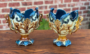 Antique French Majolica PAIR Cache Pot Planter Flower Pot Jardiniere Vase c1900