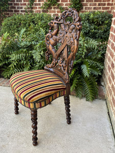 Antique French Chair Barley Twist Black Forest Carved Oak Upholstered 19th C