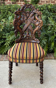 Antique French Chair Barley Twist Black Forest Carved Oak Upholstered 19th C