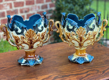 Load image into Gallery viewer, Antique French Majolica PAIR Cache Pot Planter Flower Pot Jardiniere Vase c1900
