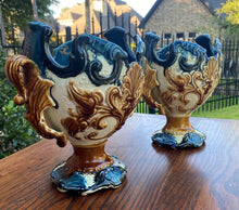 Load image into Gallery viewer, Antique French Majolica PAIR Cache Pot Planter Flower Pot Jardiniere Vase c1900