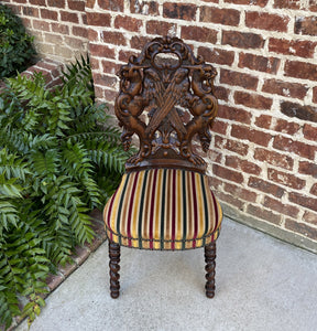 Antique French Chair Barley Twist Black Forest Carved Oak Upholstered 19th C