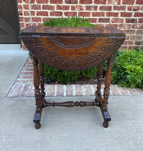 Antique English Table Drop Leaf HIGHLY CARVED Top Oak PETITE Trestle Legs ROUND