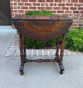 Antique English Table Drop Leaf HIGHLY CARVED Top Oak PETITE Trestle Legs ROUND