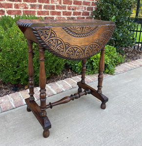 Antique English Table Drop Leaf HIGHLY CARVED Top Oak PETITE Trestle Legs ROUND