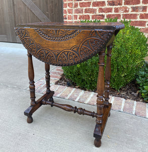 Antique English Table Drop Leaf HIGHLY CARVED Top Oak PETITE Trestle Legs ROUND