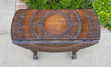 Load image into Gallery viewer, Antique English Table Drop Leaf HIGHLY CARVED Top Oak PETITE Trestle Legs ROUND