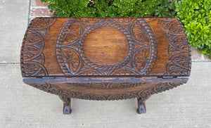 Antique English Table Drop Leaf HIGHLY CARVED Top Oak PETITE Trestle Legs ROUND